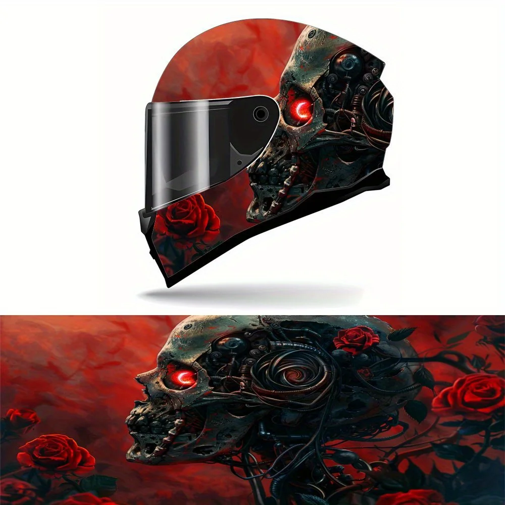 Mechanical skeleton legend theme graphic between red mist roses, motorcycle helmet sticker - durable PVC; aesthetic sticker for