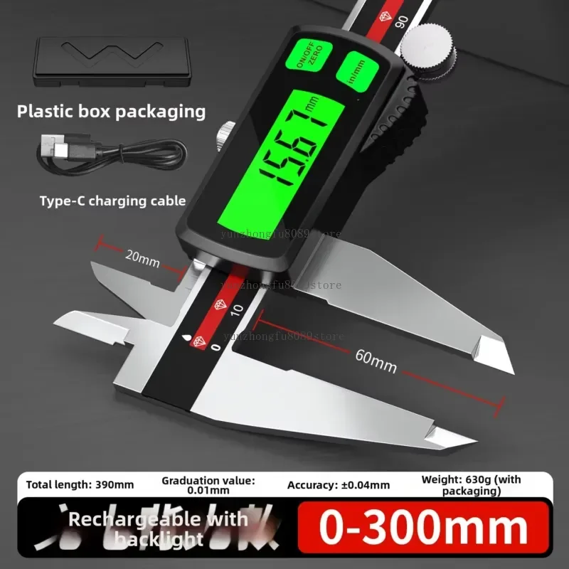 Rechargeable Stainless Steel Digital Caliper Large Green Backlit LCD Electronic Vernier Gauge High Measuring Tool