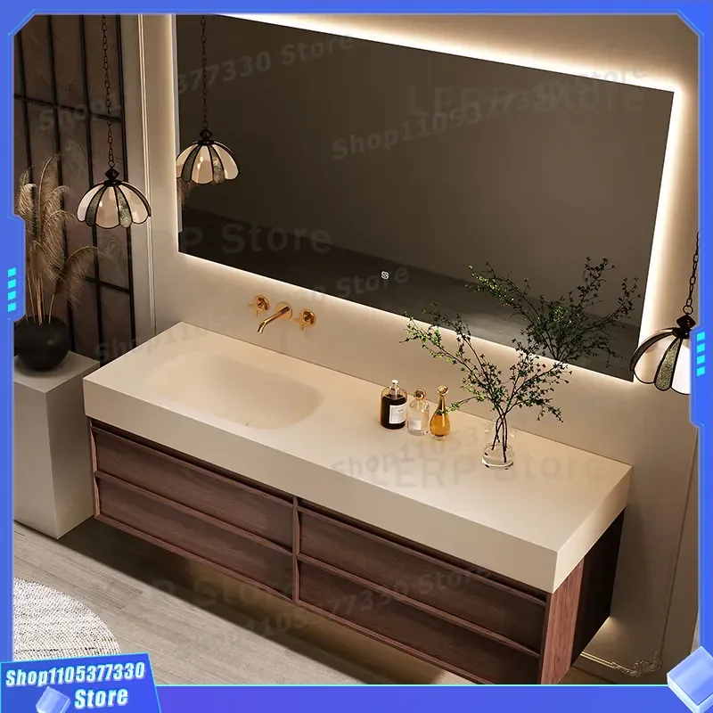 Antique Style Rock Slab Bathroom Cabinet With Hot Bending Seamless Integrated Basin Modern Washstand For Home Hand Washing