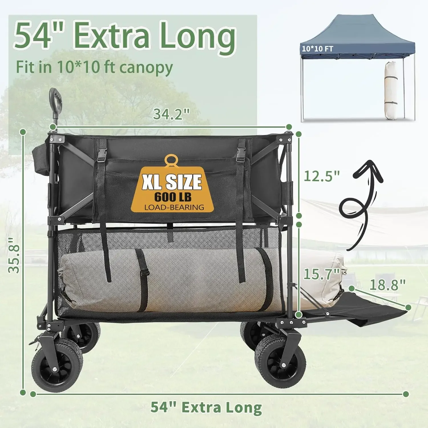 Double Decker Wagon Collapsible, Extended Utility Folding Wagon Cart with Tailgate, 400L Large Capacity Heavy Duty Foldable Wago