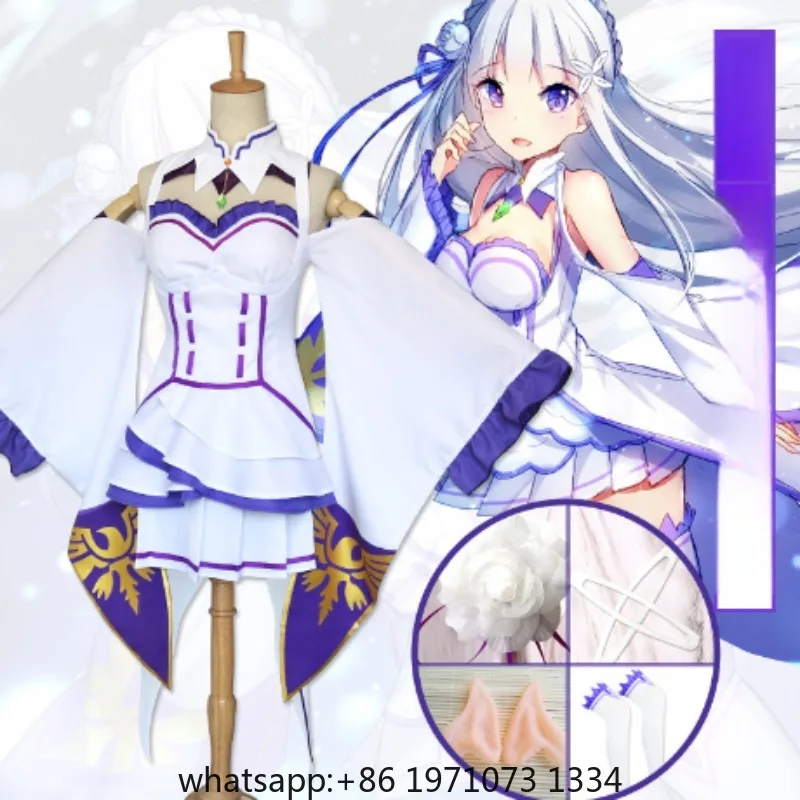 Re Zero Kara Hajimeru Isekai Seikatsu Emilia Cosplay Costumes Cloak Wig Women Dress with Headdress for Halloween Party Carnival