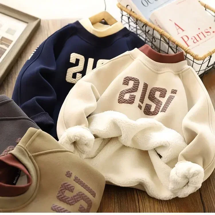 

Thick Hooded Sweatshirt Coat Winter Big Kids Clothes Padded Warm Hoodie Baby Boys Girls Letter Pullover Casual Tops 4-14 Years