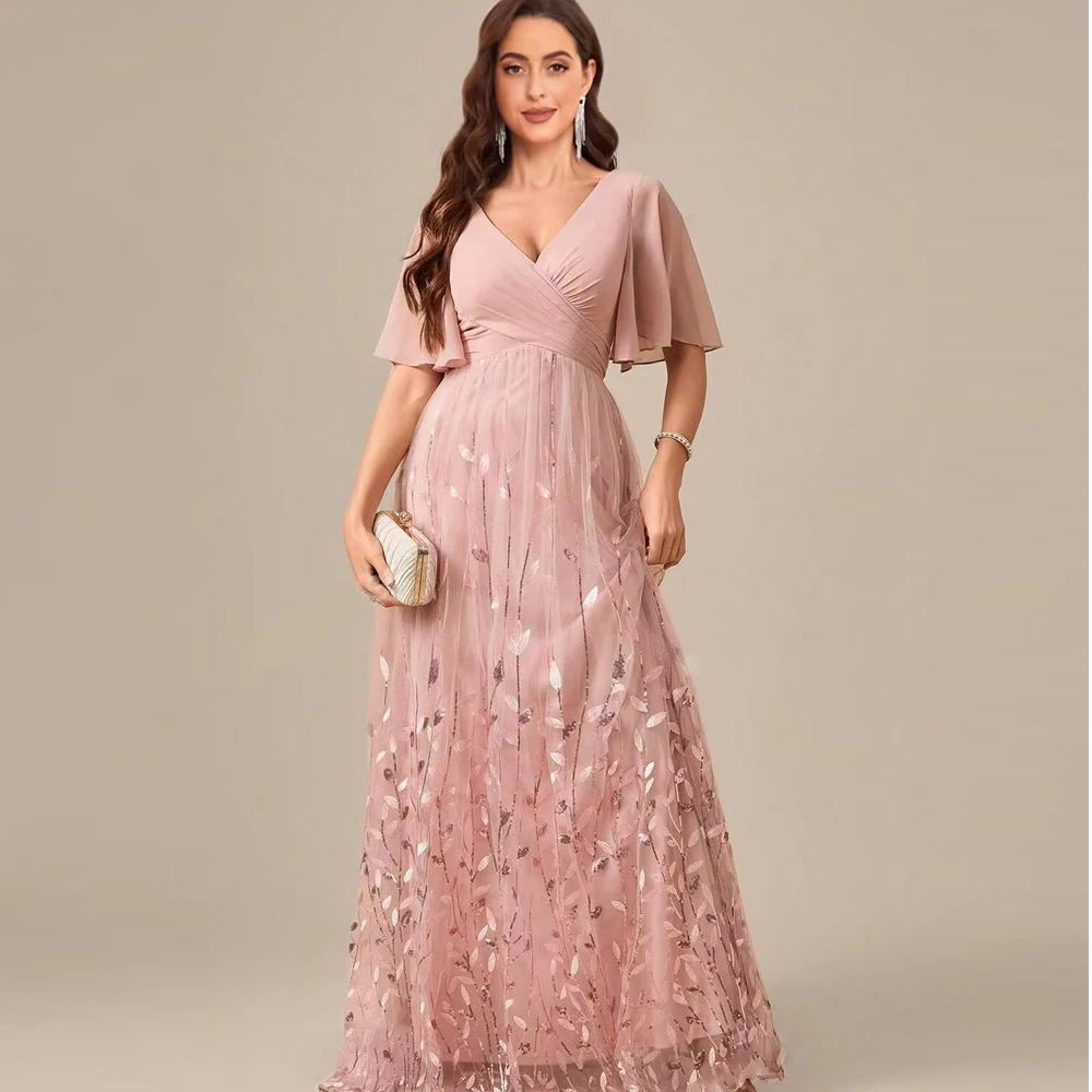 

Customized Short Ruffles Sleeve Mother of Bride Dresses Sequin Formal Gown Chiffon V Neck Chiffon Sequin Wedding Party Dresses
