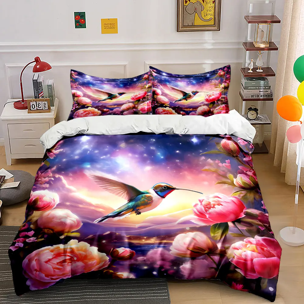 Rainbow Hummingbird and Pink Flowers Print Bedding Set 1 Duvet Cover 2 Pillowcases for Adult and Children Luxury Gift Full Size