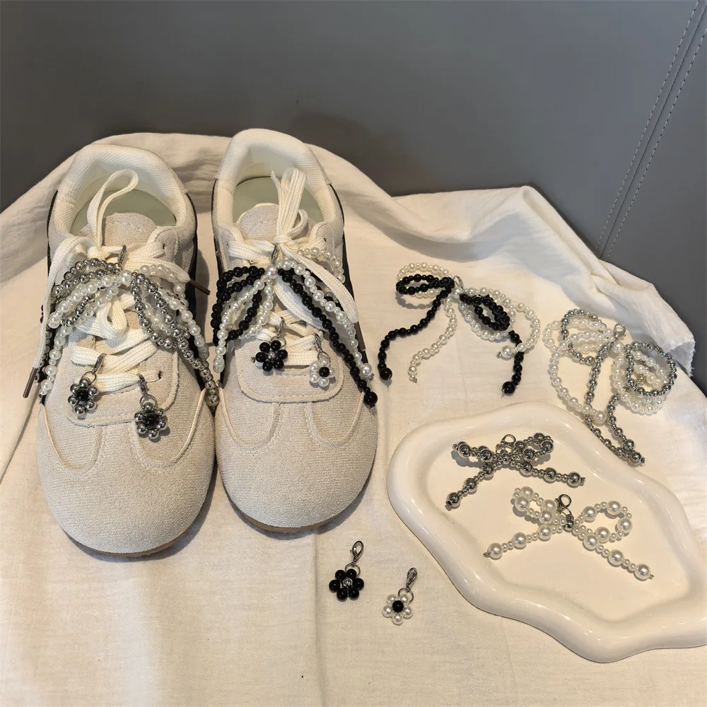 Shoe Charms Ballet Dual Color Faux Pearl Bow Beaded Floral Decoration German Trainer Sneaker Charm Lightweight Acrylic Small