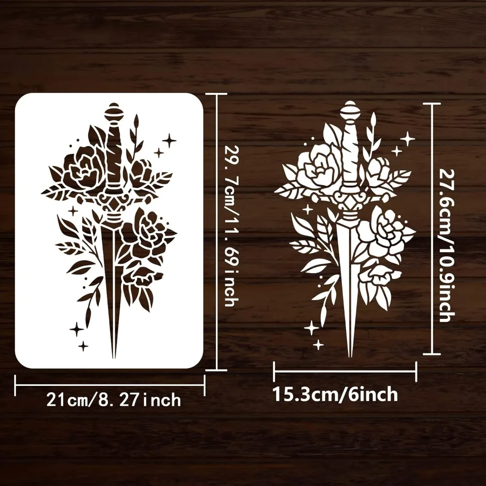 Flowers Sword Stencil 8.3x11.7 inch Sword Stencils Template Plastic Peony Flower Leaves Stars Pattern Painting Stencil Reusable