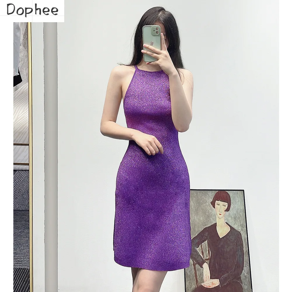 

High Quality 2023 Summer Fashion Lady Wrap Buttocks Slimming Dresses Knitted Bright Silk Off-the Shoudlder Purple Strap Dress