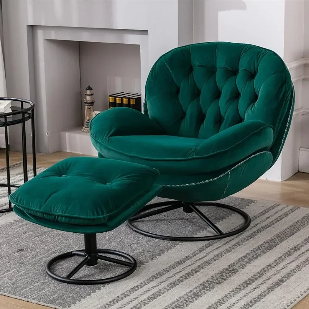 

Velvet rotating accent footstool set, modern chaise longue with footrest, comfortable armchair with metal legs TV chair, green