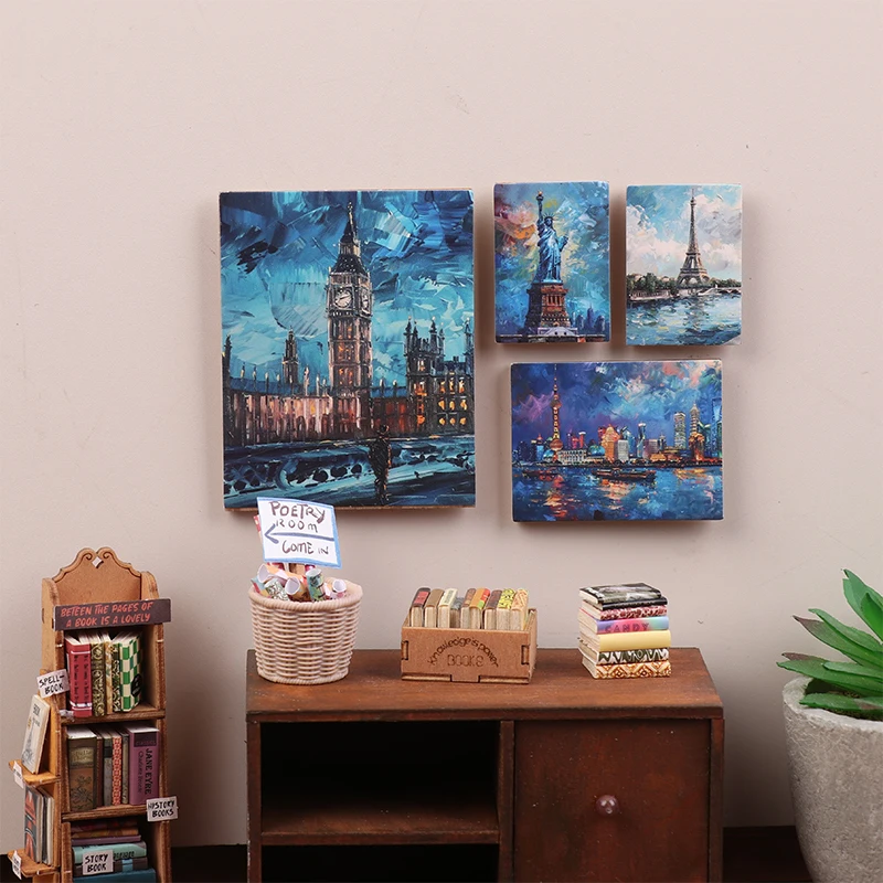 4Pcs/set 1/12 Dollhouse Simulation Oil Painting Mural Wall Picture Model Dollhouse Mini Living Room Decoration Micro Scene Decor