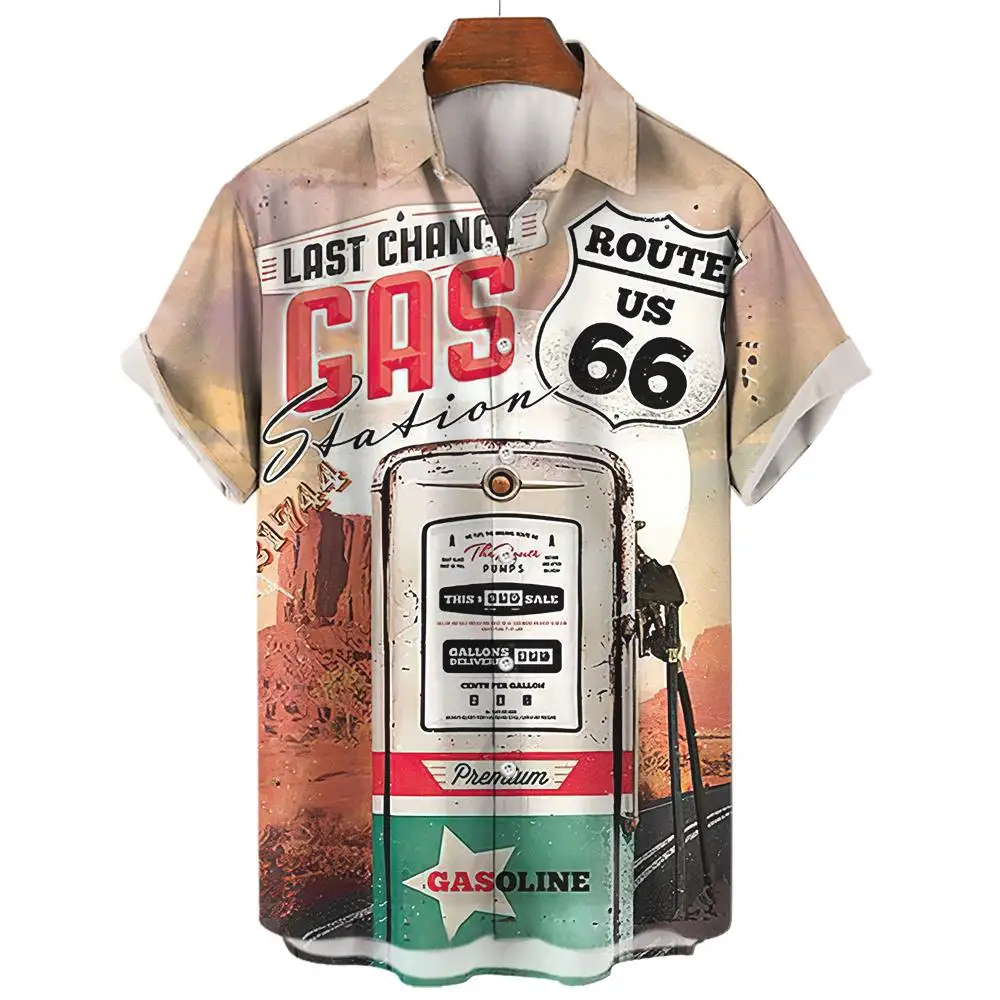 Vintage Men\'s Shirts Route 66 Classic Cars Tees 3d Print Short Sleeve Top Summer Clothes Route 66 Pattern Blouse Oversized Shirt