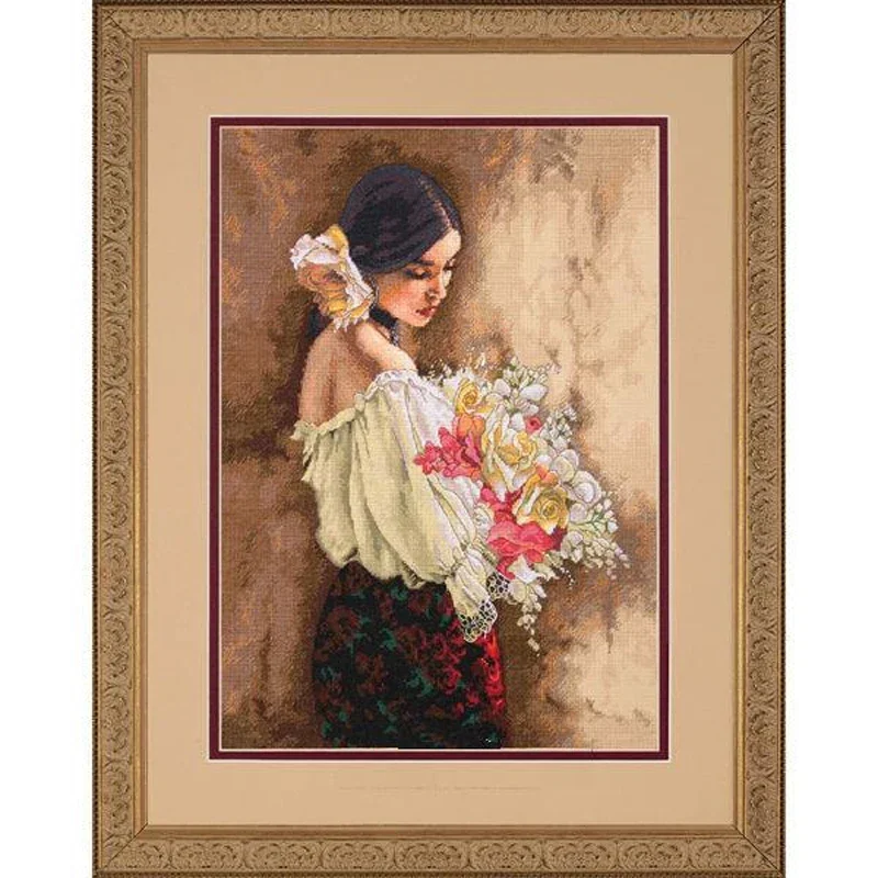 Amishop Top Quality Lovely Hot Sell Counted Cross Stitch Kit Woman With Bouquet Lady Girl Flower Flowers Dim 35274