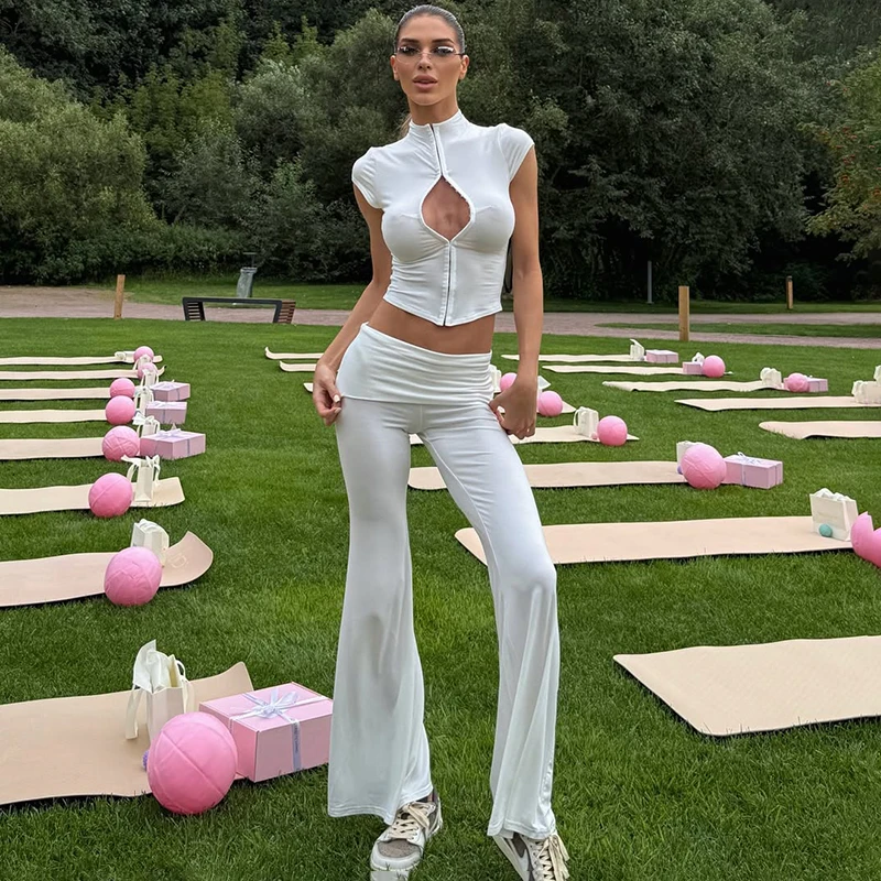 

Typhaland Streetwear Short Sleeve T shirt Suit Women's Sexy Hollow Button Cardigan Vest Fashion Slim Wide Leg Pants 2 Piece Sets