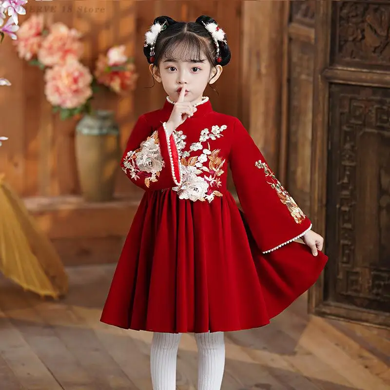 

Новогоднее платье принцессы, осень-зима, новое платье Cheongsam в китайском стиле для девочек, весенний фестиваль, красное платье для дня рождения, восточное Ципао