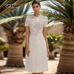 VGH Hollow Out Temperament Slimming Dresses For Women Round Neck Short Sleeve High Waist Spliced Zipper Elegant Dress Female New