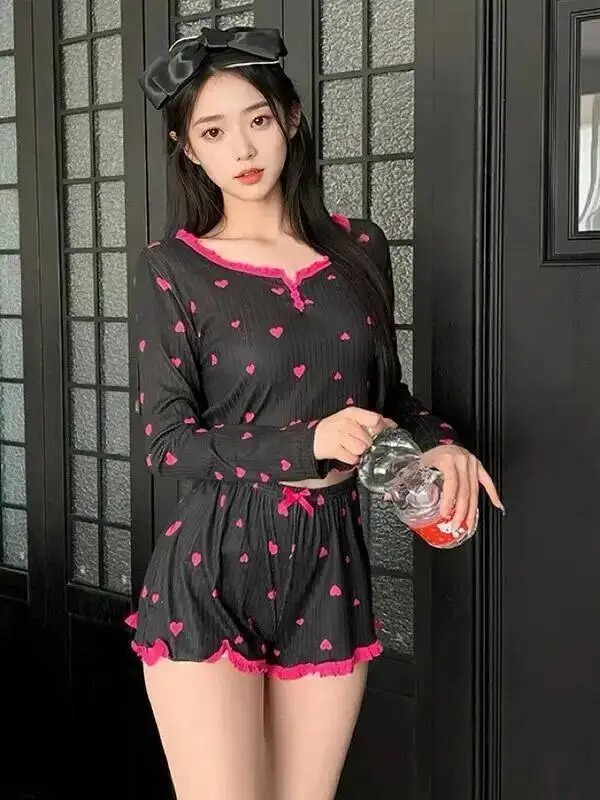 2025 신상 여성 섹시 반바지 세트, 하트 프린트 패턴 리본 장식 긴팔 홈웨어 캐주얼 파자마 세트 E897