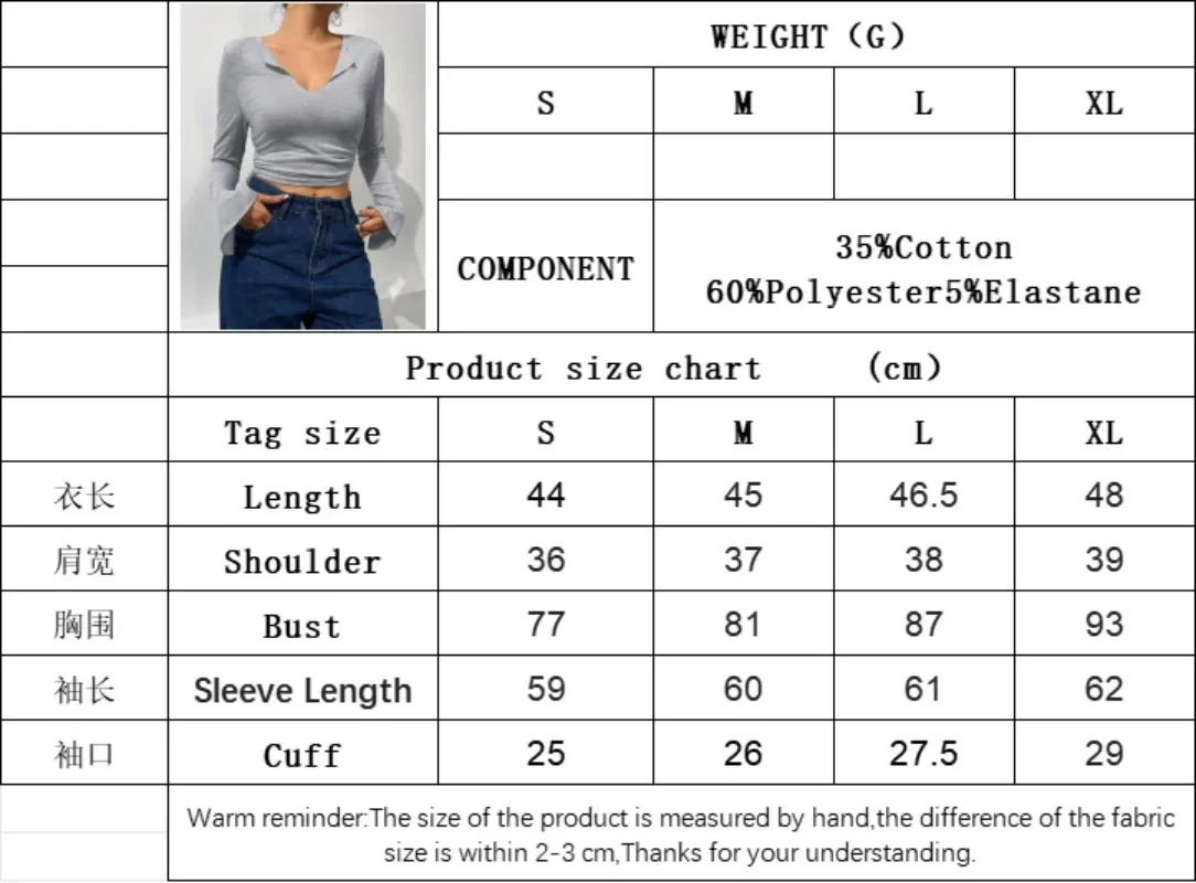 Fashion Women's Clothing Autumn/winter Sexy Large V-neck Slim Fit Short Pleated Flared Sleeves Long Sleeved T-shirt Top YSQ39