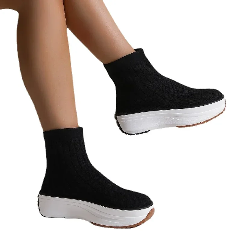 Women Shoes New Women\'s Boots Fashion Stretch Knit Sock Boots Autumn Winter Short Tube Platform Ankle Boots Female