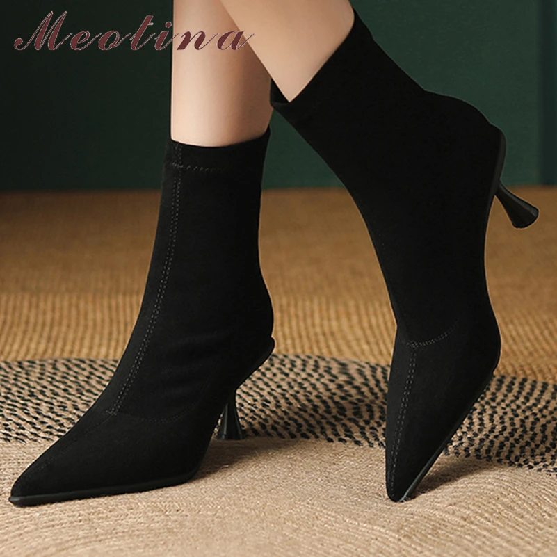 

Meotina Women Ankle Boots Pointed Toe Thin High Heels Short Boots Concise Lady Fashion Career Shoes Autumn Winter Black Brown 40