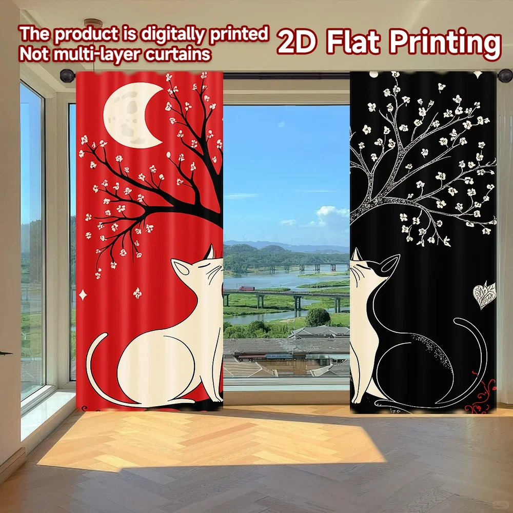 2D flat printing 2pcs Drapes Moonlit Yin Yang Cats Digital Printed Polyester Drapes Party Decorations Use for Bedroom Living