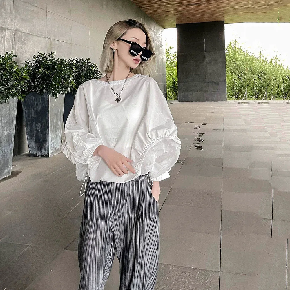 

Fashion Simple Women Blouses Chiffon Puff Sleeve Solid Elegant Tops Female Streetwear Korean Style Causual Tees Office Lady Soft