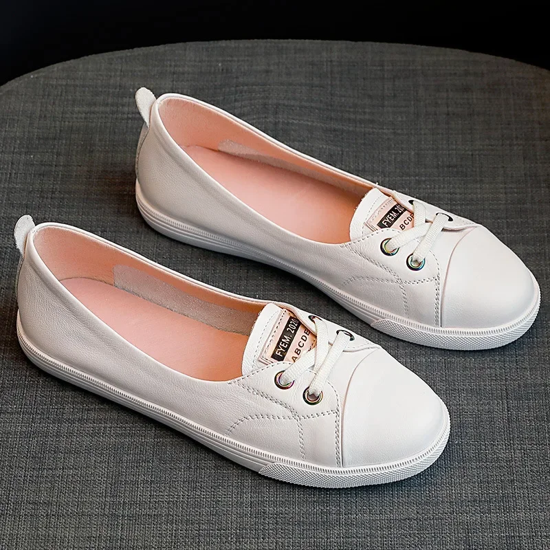 Shallow Mouth Leather Small White Shoes Women\'s 2024  Flat Shoes Casual Shoes Women Driving Pregnant Women Student Skate Shoes