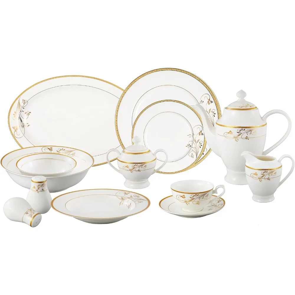 

24k golden flower pattern bone China tableware 57 sets, 8 people a set, easy to clean. Perfect for any festival or party