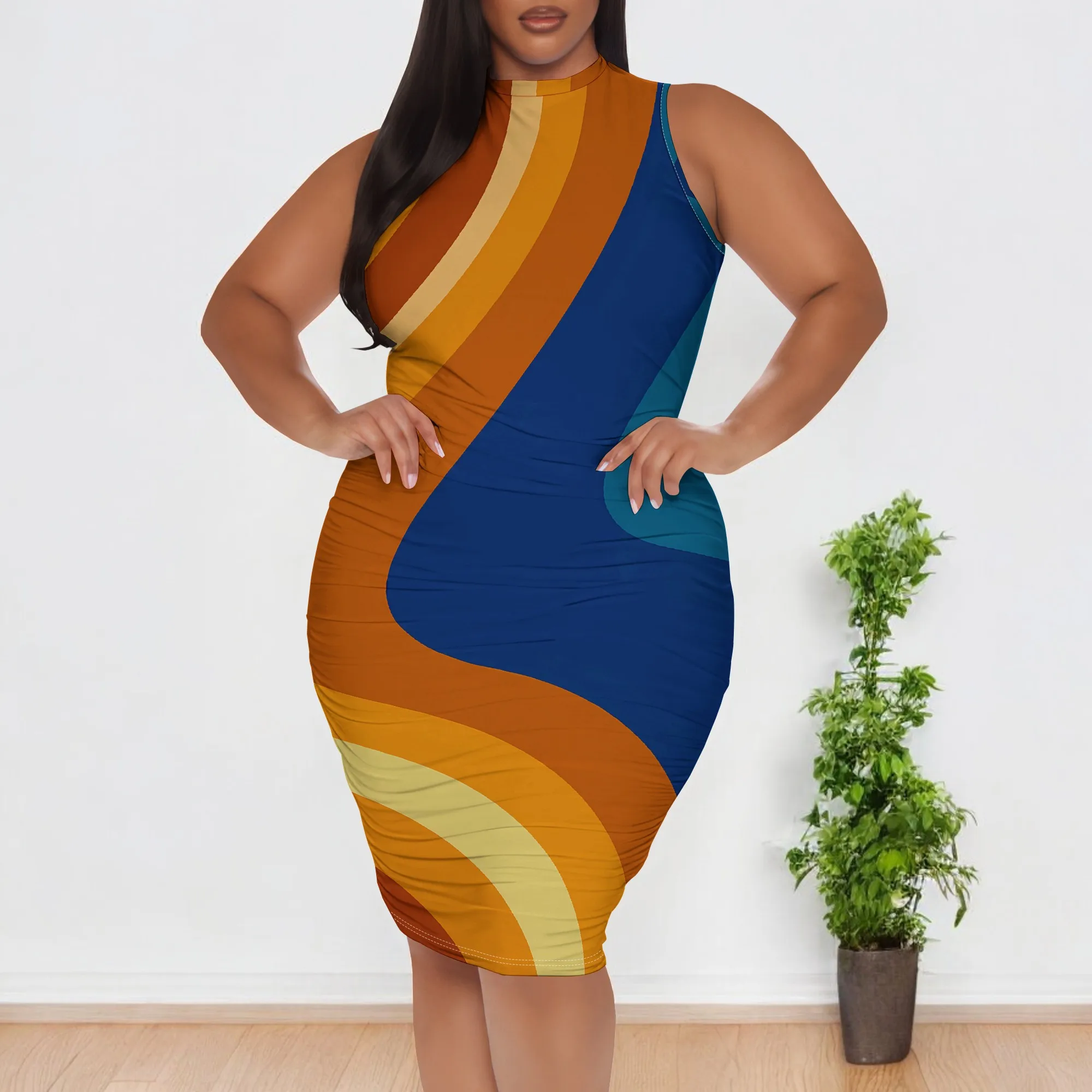 

Retro Wave Print Bodycon Dress XL-6XL Plus Size Sleeveless Fit with 70s Style Colors for Afro Brunch or Juneteenth Look