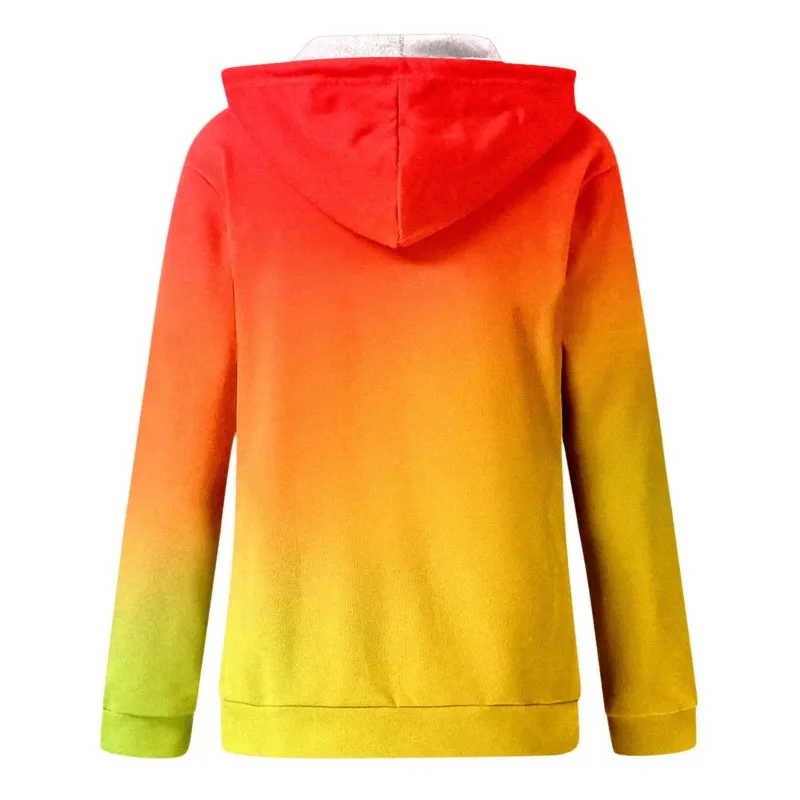 Spring Autumn Women Gradient Color Sweatshirt Coat Hooded Drawstring Long Sleeve Pockets Zipper Placket Halloween Outerwear