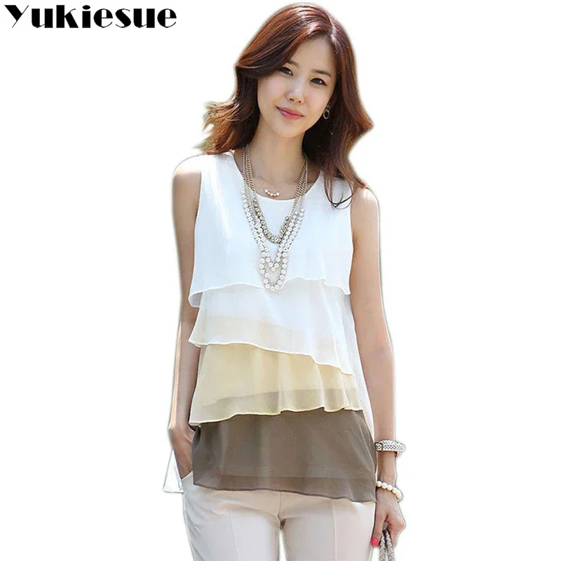 2022 Fashion New Multi-layer Shirts Women Tops Summer Blouse Vest Sleeveless Cheap Chiffon Shirt