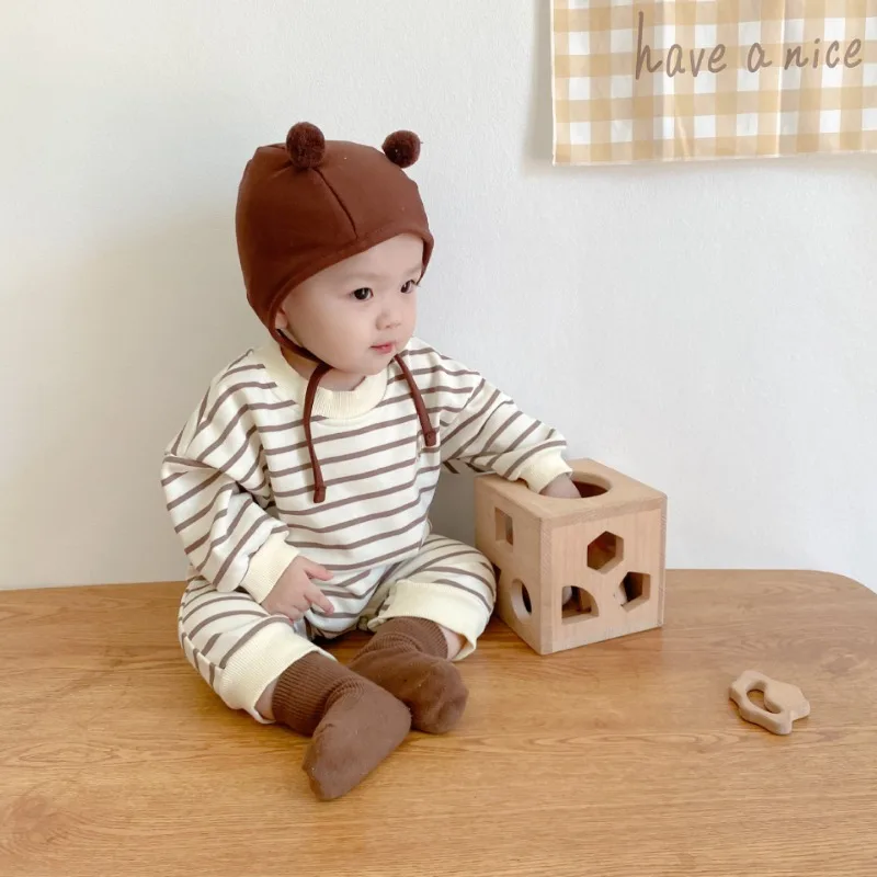 Baby Striped Romper Spring Autumn Long Sleeve Casual Jumpsuit Korean Style Little Bear Bodysuit for Newborns Boys Girls Clothing