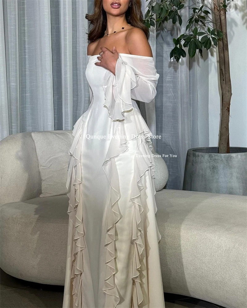 Qunque White Chiffon Prom Gowns Ruffles Customized فساتين سهرة With Puff Sleeves Evening Dresses Israel Birthday Dresses Luxury