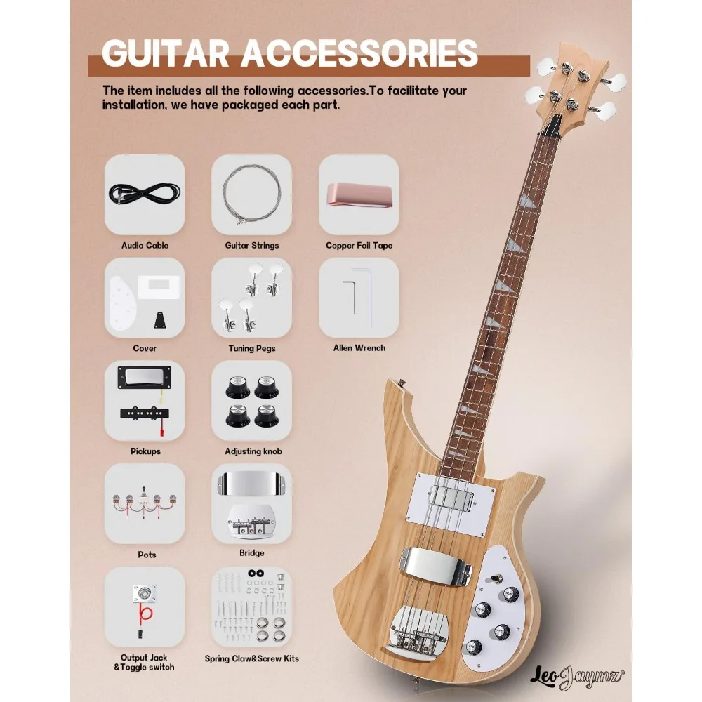 DIY Electric Bass Guitar Kits - Roasted Ash Wood Body, Maple Neck and Laurel Wood Fingerboard - Fully Components Included