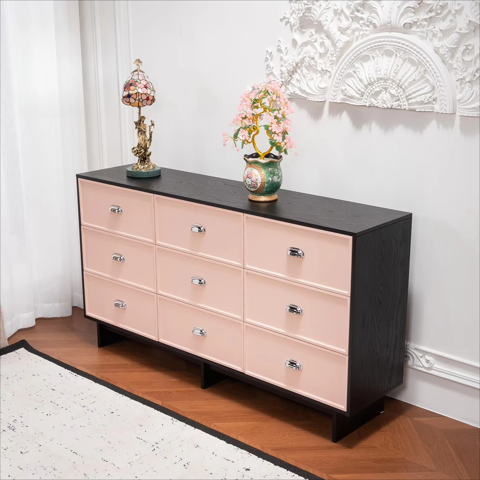 Modern pink wood chest of drawers with chrome handle, 9 drawer dresser, modern bedroom locker