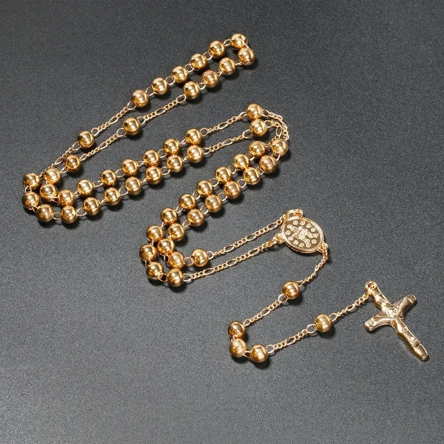 Catholic Rosary Pendant Necklaces For Women 6MM Beads Chain Crucifix Cross Long Necklace Men Religious Praye Jewelry