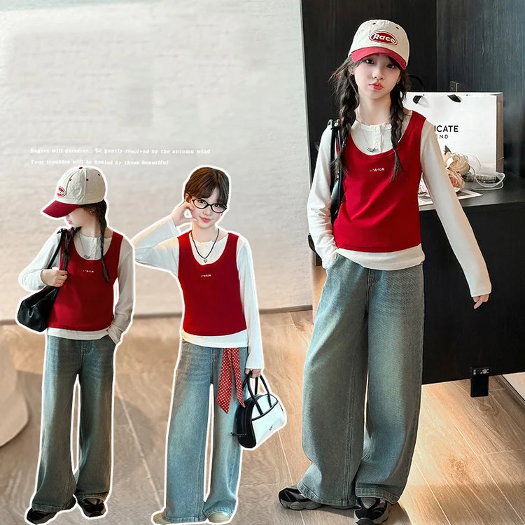 

Осенний комплект из 3 предметов для девочек, майка с круглым вырезом и длинными рукавами для девочек, жилет с буквенным принтом, однотонные джинсовые штаны для девочек от 4 до 14 лет, Outift