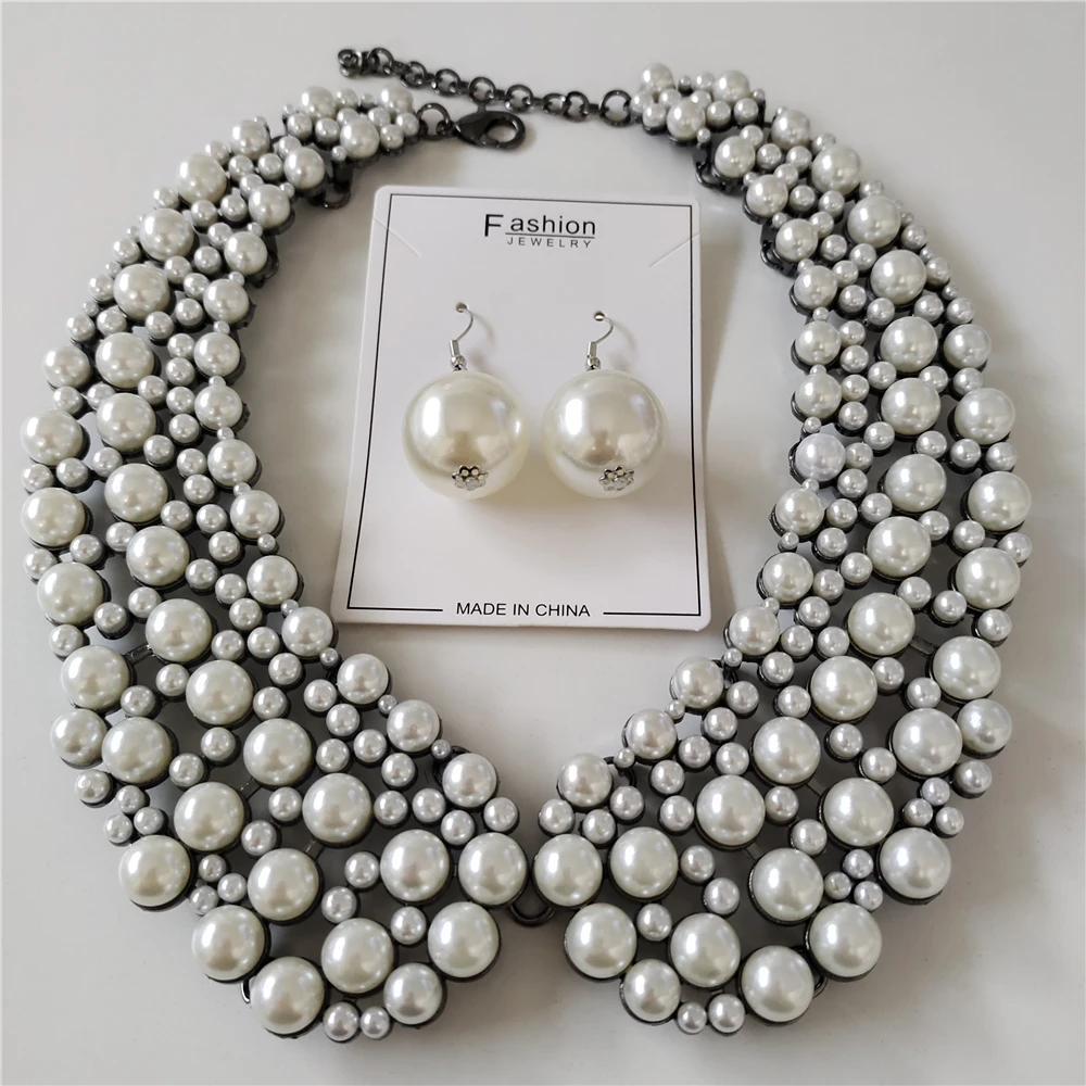 2024 New Multilayer Imitation Pearls Large Collar Choker Necklace Earrings Women Jewelry Sets Indian Statement Crystal Necklace