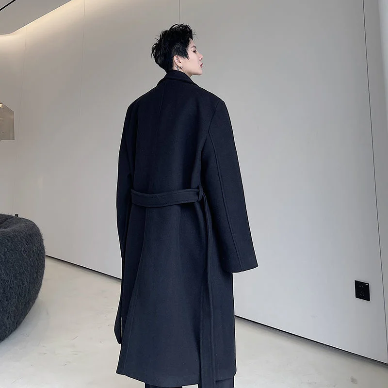 

Woolen Rivet Jackets Korean Men's Black Belted Wide-waisted Autumn New Long Bandage Design Thickned Overcoat Man Tide