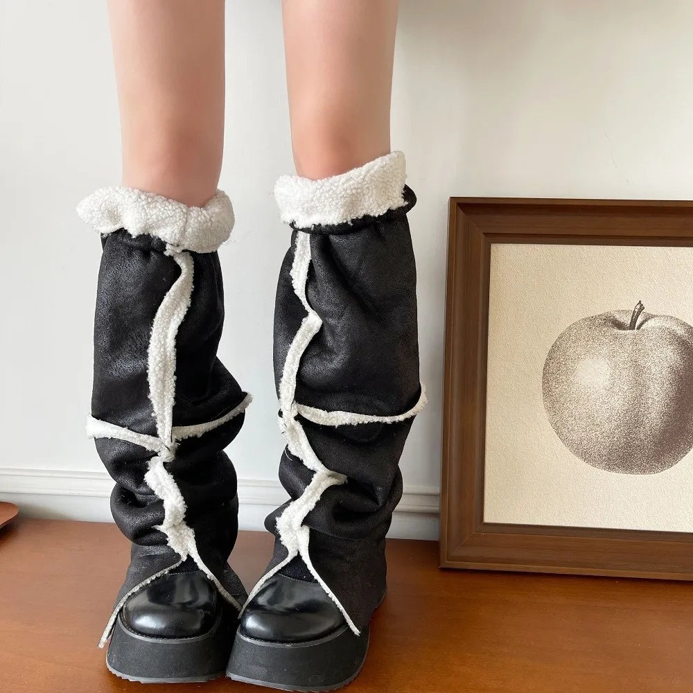 موضة سميكة الجلد المدبوغ تدفئة الساق منتصف العجل حماية الرياح غطاء للقدم بدوره إلى أسفل طوق تصميم الأحذية الدافئة غطاء الشارع الشهير #3