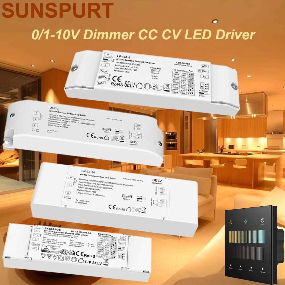 5Skydance 40W 75W 12V 24V 0-10V 1-10V CC CV Dimming LED Driver Single color LED strip 110/220V PWM AC Push Dimmable Power Supply
