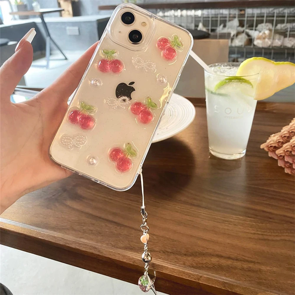 INS Cute 3D Cherry Pearl Bow Strawberry Pendant Soft Case For iPhone 16 15 Pro Max 14 13 12 11 XS XR MINI Clear Shockproof Cover