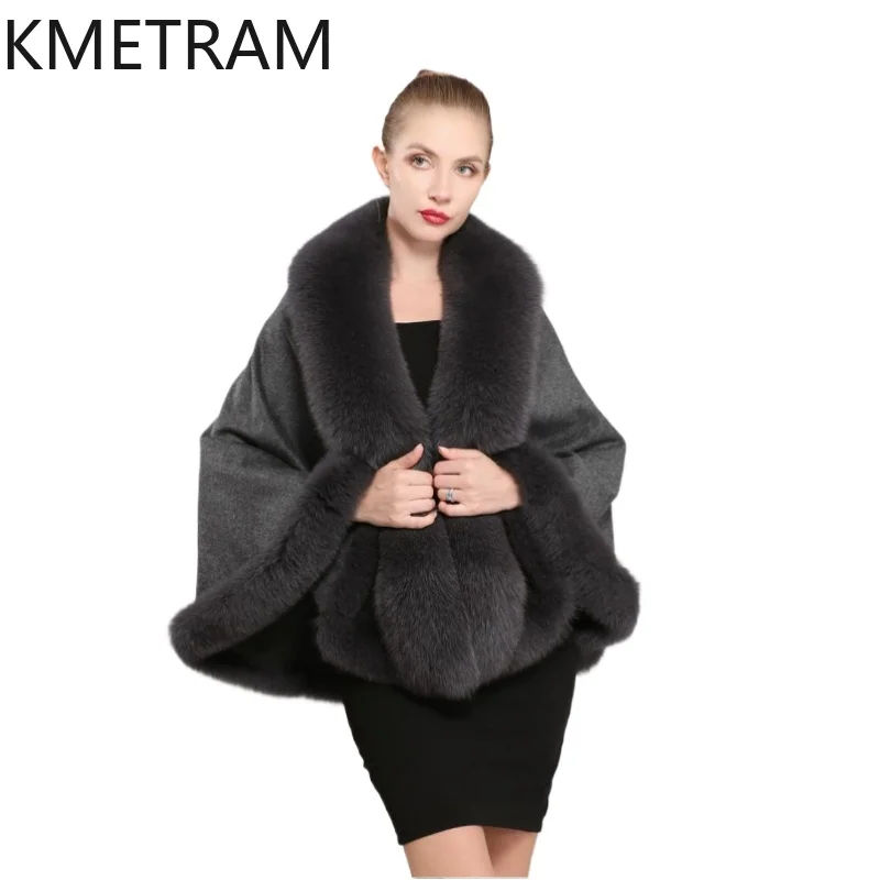 

90% Wool + 10% Cashmere Cloak with Fox Fur Collar Short Real Fur Coat Woman Winter Grey Party Shawl Coats Women Clothing 2025