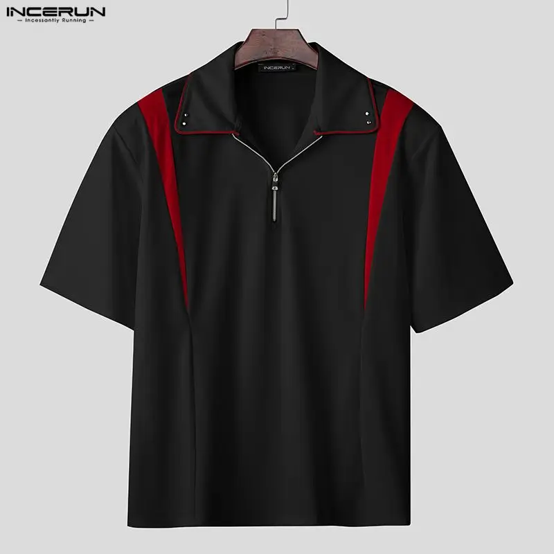 INCERUN الرجال قميص المرقعة اللون كتلة التلبيب قمصان قصيرة الأكمام الملابس الشارع الشهير فضفاض سستة الكورية نمط عارضة الذكور قمم #5