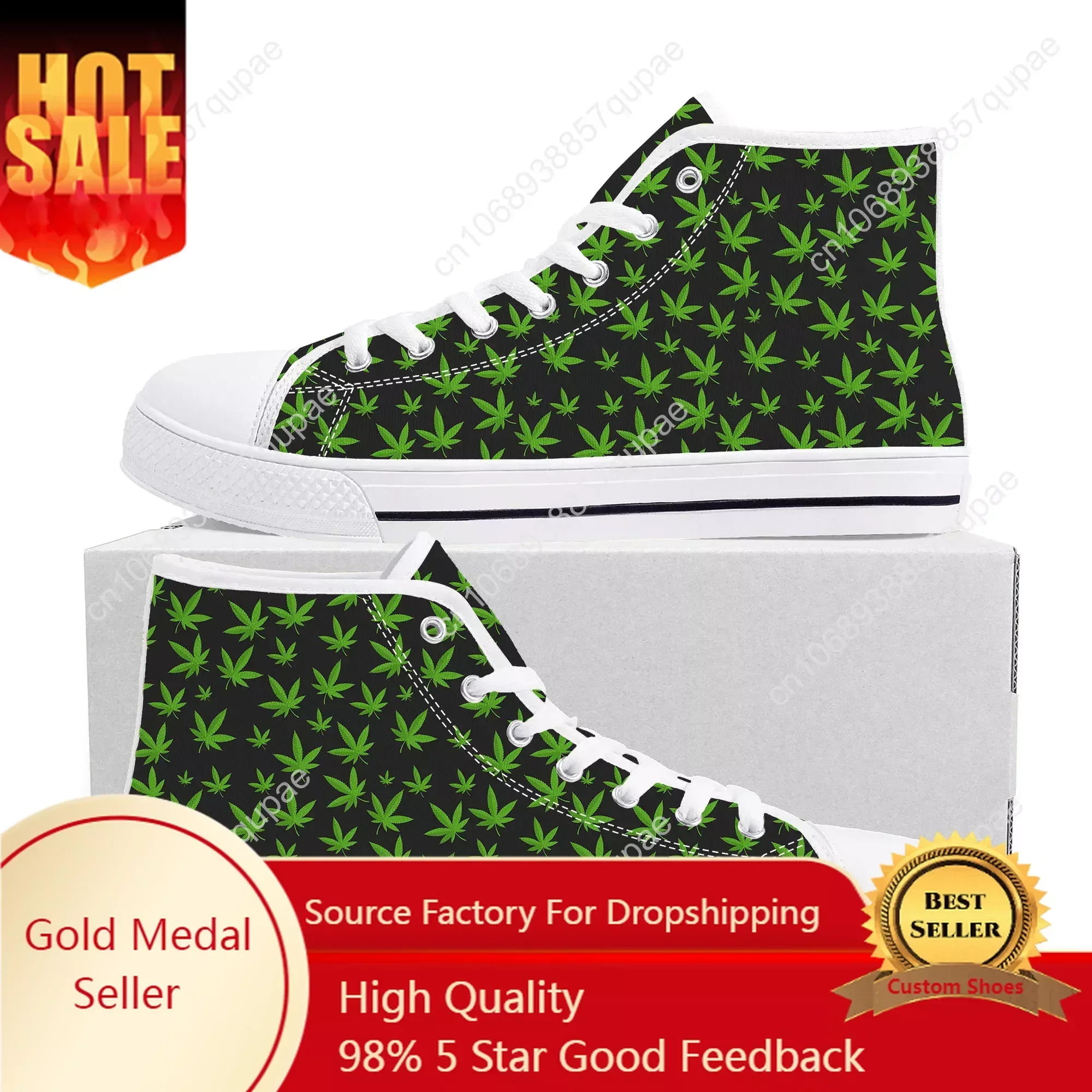 Leaf Weed Rasta Marijuana Red Yellow Green Art High Top High Quality Sneakers Canvas Sneaker Casual Couple Shoes Custom Shoe