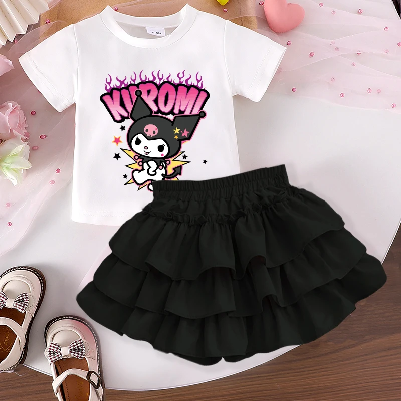 سانريو مرحبا كيتي جديد الفتيات تي شيرت كعكة تنورة مجموعة أزياء الكرتون طفل قصير الأكمام الاطفال عيد ميلاد الهيب هوب ملابس خارجية هدية