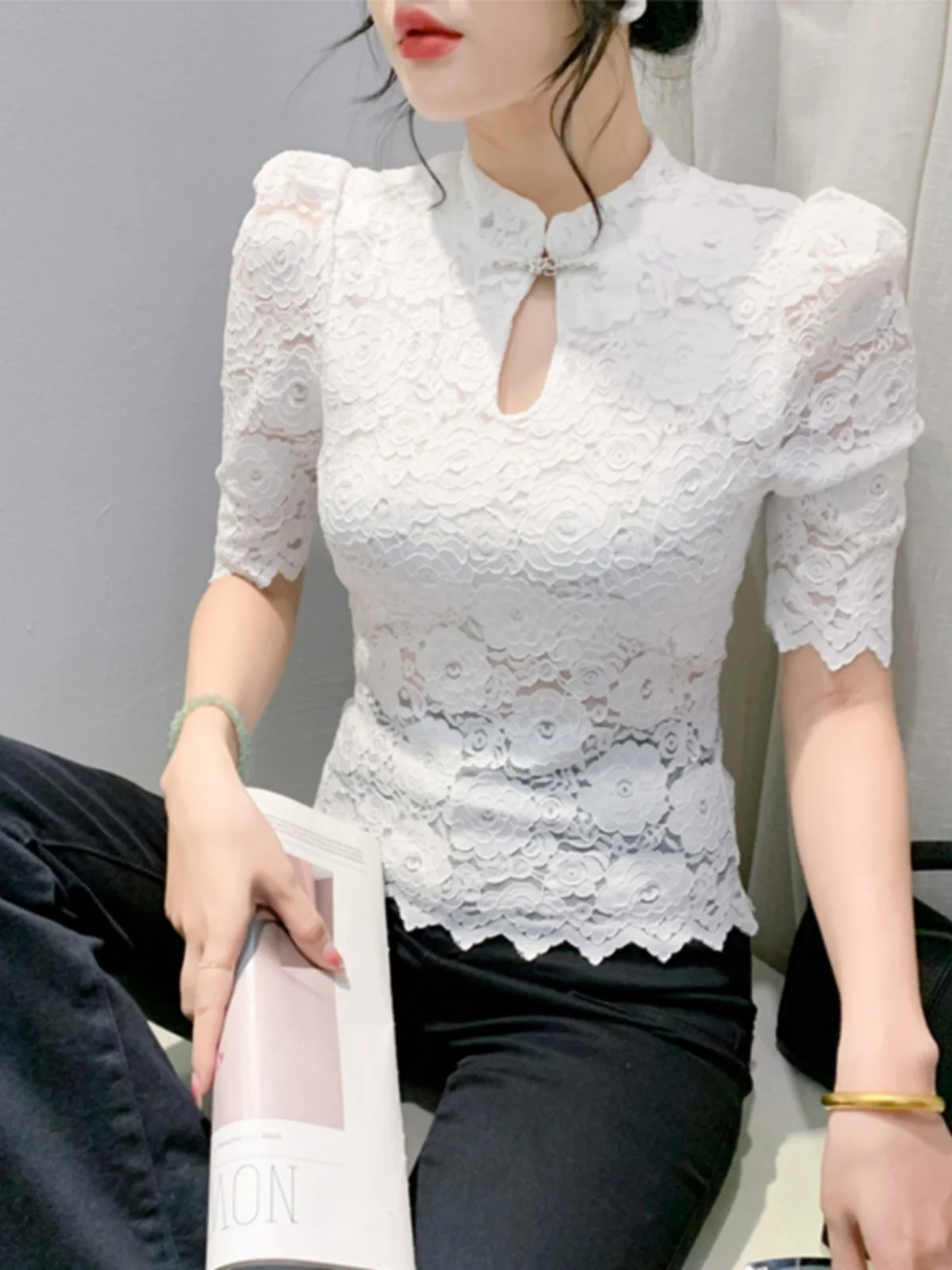 

Женская модная сексуальная блузка Ele Lace с воротником-стойкой и вырезами, в корейском стиле, для офиса, летняя