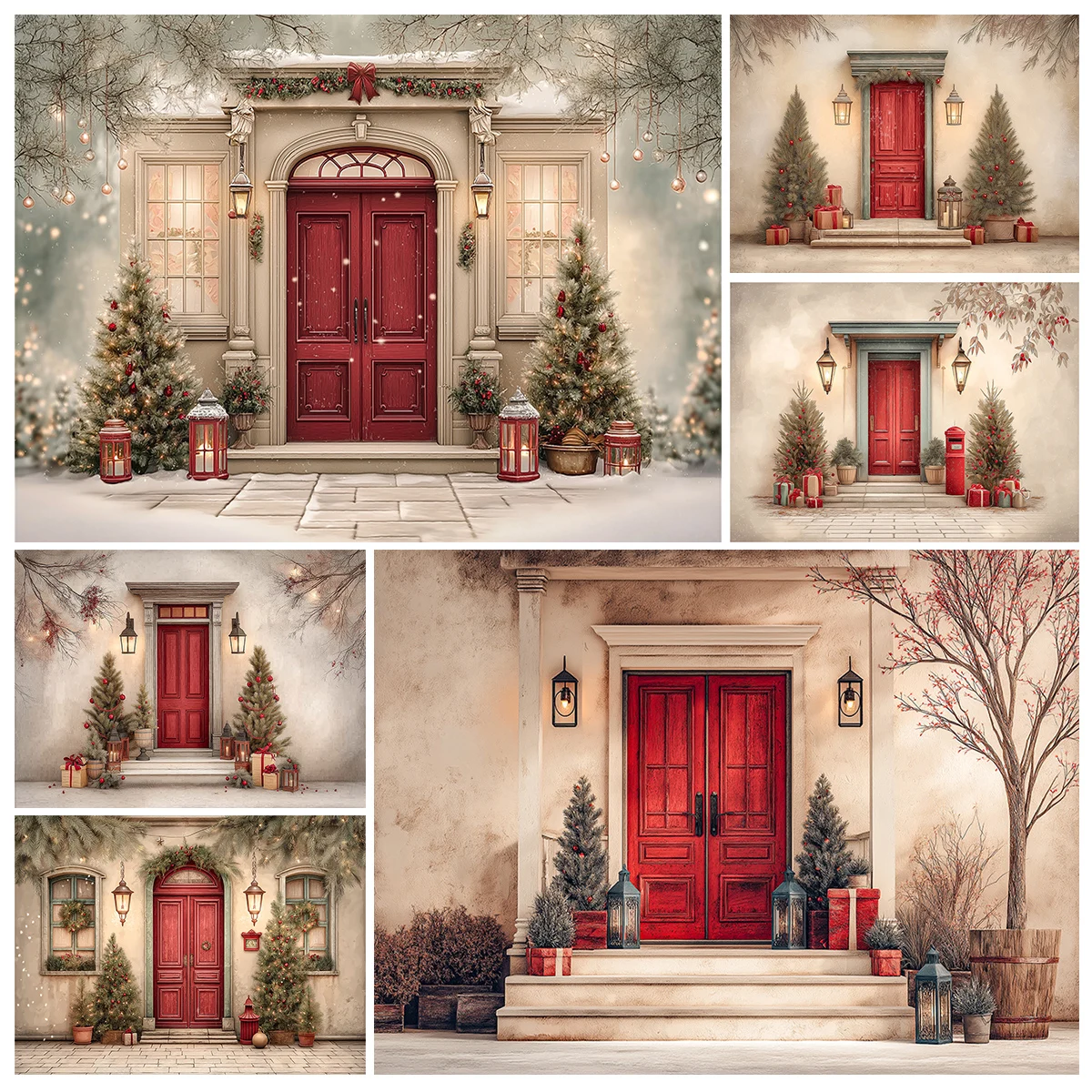

Рождественский тематический фон для фотосессий: красная входная дверь с фонарями, для детей, младенцев, взрослых, для фотосессий с разбиванием торта