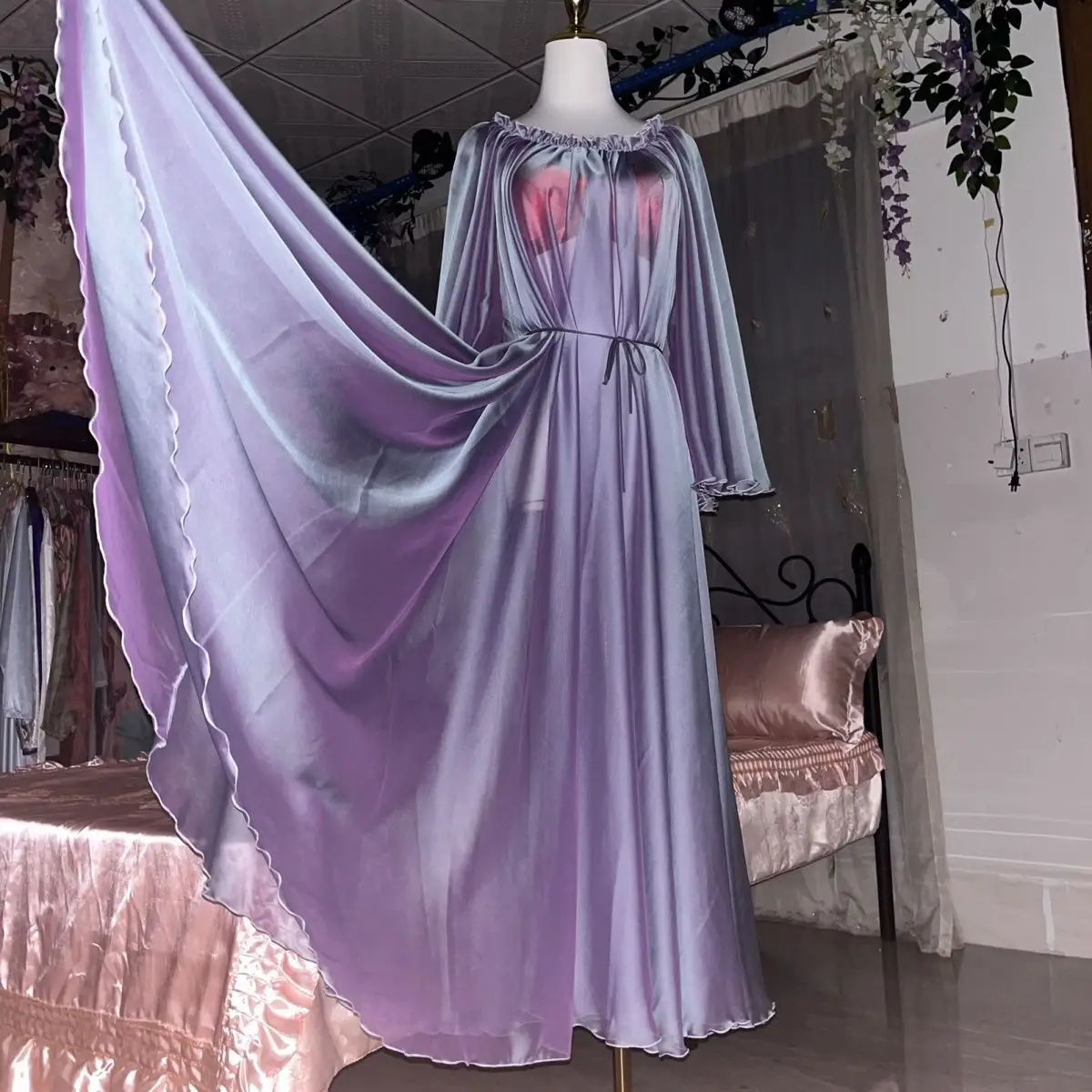 135cm Skirt Length 40-140kg Glossy Chiffon Shiny Women Long Dress Elegant Batwing Sleeve Night Maxi Dress