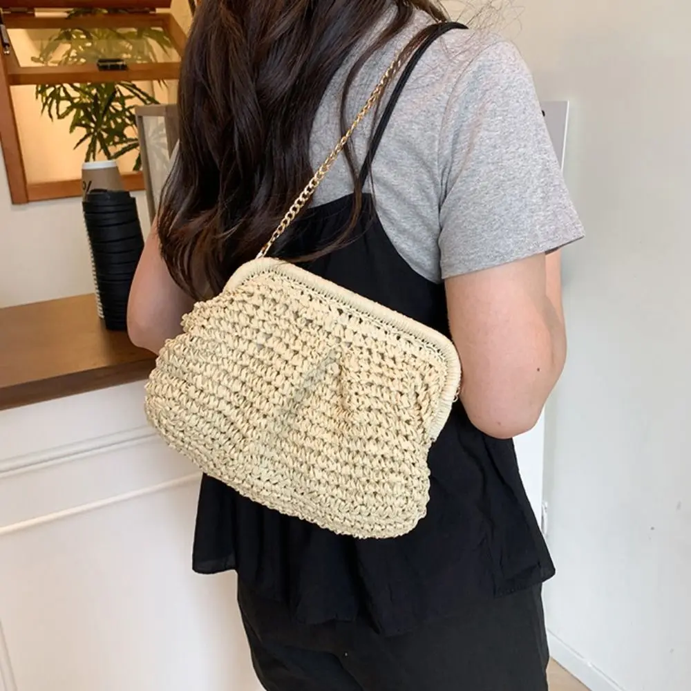 Bohemian Shell-shaped Weave Bag Chain Strap Large Capacity Chain Crossbody Bag Handbag Hollowed Out Straw Shoulder Bag Outdoor