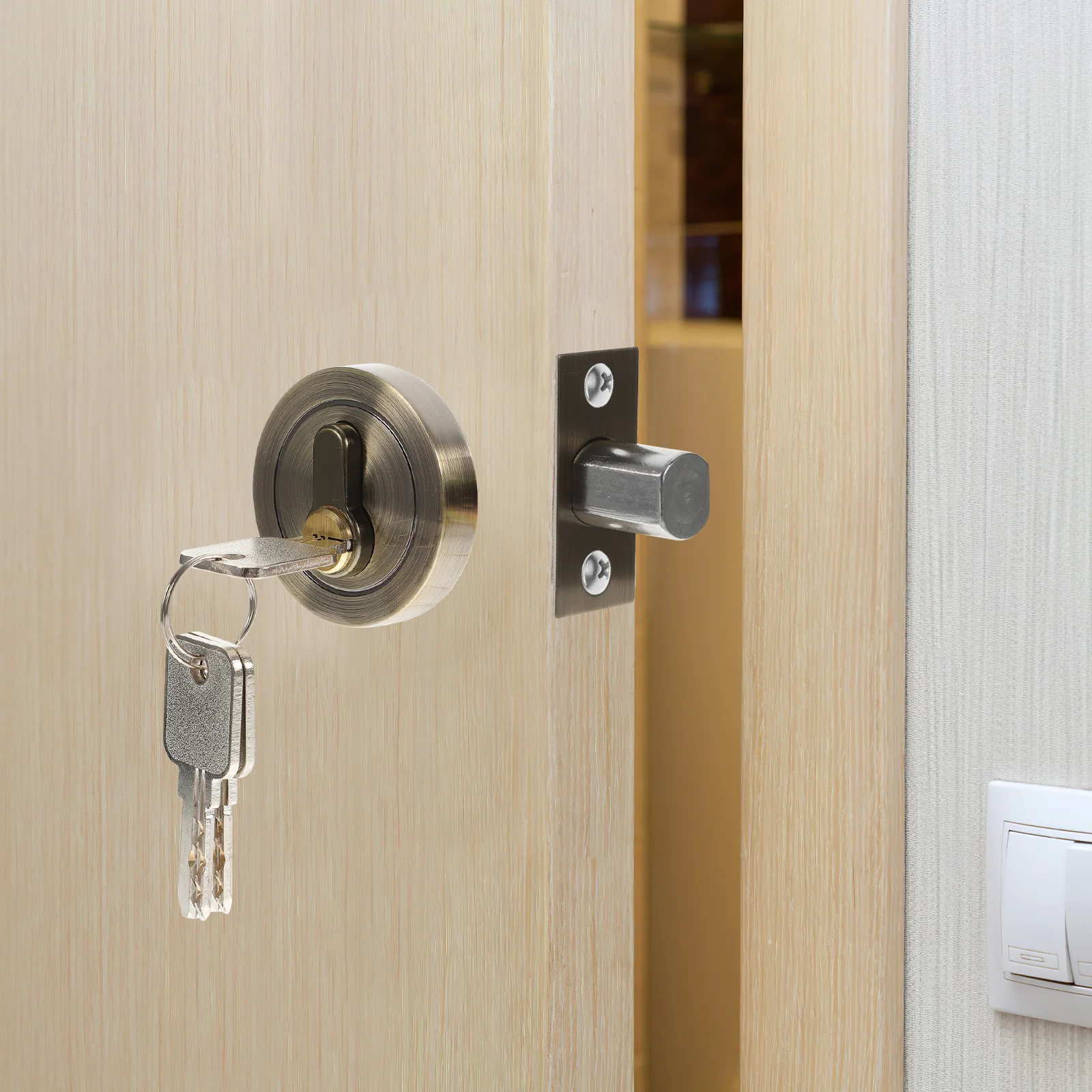 

Single Cylinder Round Door Lock Zinc Alloy Keyed Deadbolt Lock for Bedroom Front Door Residential Security Bolt