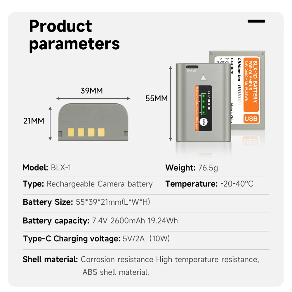 Batteria PALO BLX-1 BLX1 da 2600 mAh con ingresso di tipo C per fotocamera mirrorless Olympus OM SYSTEM OM-1 OM1 OM-1 MARK II OM 1 MK2